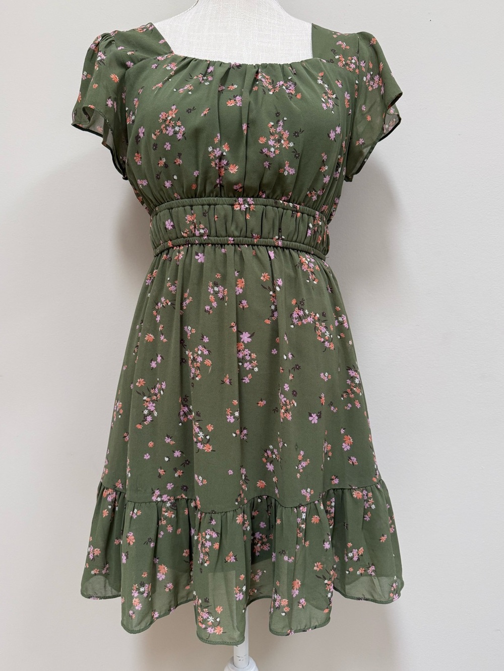 Altar'd State Olive Green Floral Ruffle-Hem Dress